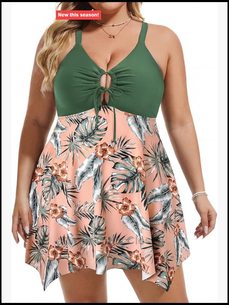 Plus Size One Piece Swimdress Tummy Control Adjustable Crisscross Back
